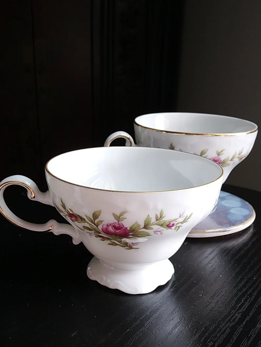 Johann Haviland Vintage White Porcelain Teacups with Pink Rose Motif Gold Trim